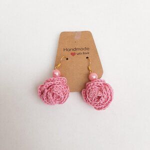 Handcrafted Crocheted Rose Dangle Earrings with Beads new